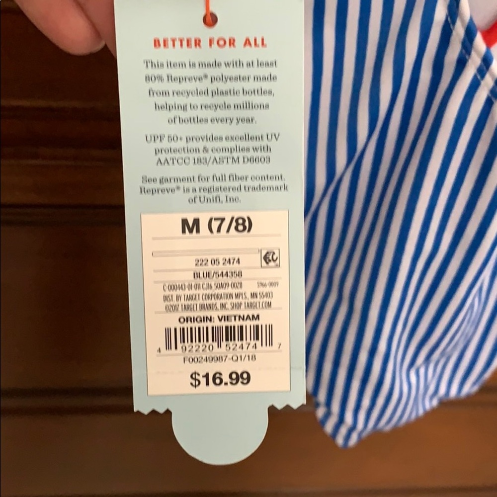 NWT Cat & Jack bathing suit szM blue stripe cherry - Picture 3 of 3